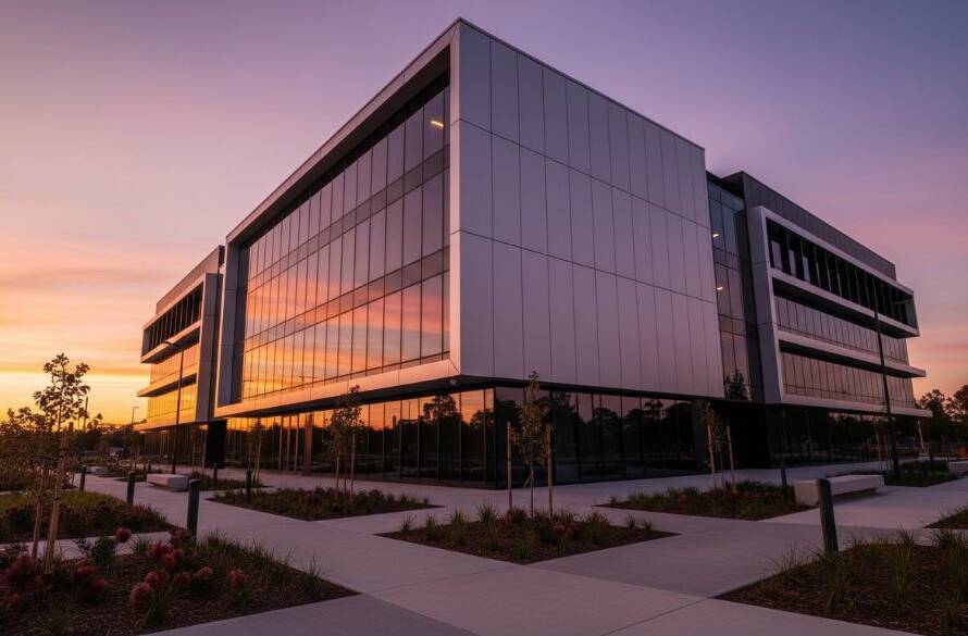 A dramatic twilight shot showcasing the sleek, modern lines of a new commercial building in Notting Hill Victoria, illuminated by warm interior lights and a glowing sunset, captured with Notting Hill Victoria architecture photography Melbourne expertise.