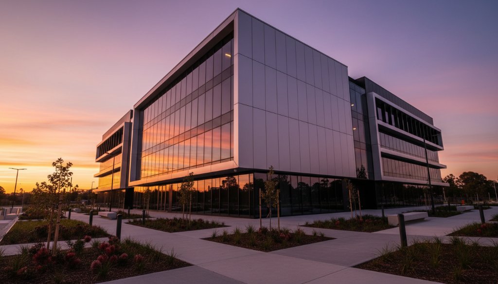 A dramatic twilight shot showcasing the sleek, modern lines of a new commercial building in Notting Hill Victoria, illuminated by warm interior lights and a glowing sunset, captured with Notting Hill Victoria architecture photography Melbourne expertise.