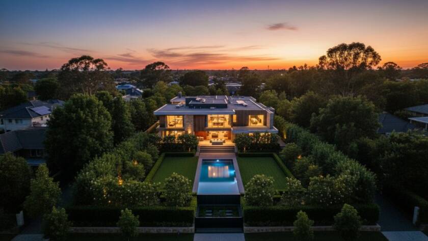 An epic aerial shot of a modern architectural home in Notting Hill, Victoria, showcasing the expansive property and manicured gardens from a unique perspective captured through Notting Hill Victoria drone photography for real estate, with warm evening light.