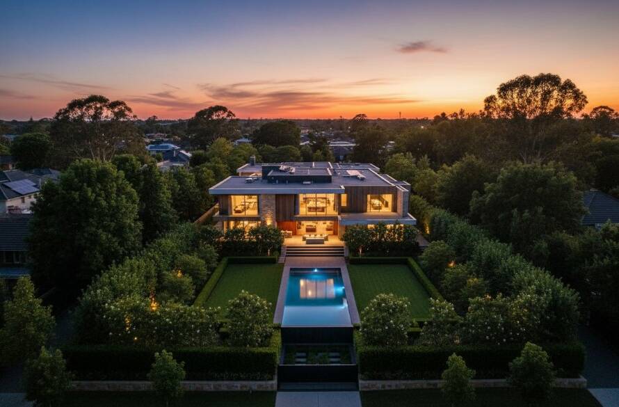 An epic aerial shot of a modern architectural home in Notting Hill, Victoria, showcasing the expansive property and manicured gardens from a unique perspective captured through Notting Hill Victoria drone photography for real estate, with warm evening light.