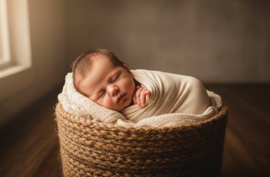 A heartwarming, softly lit photograph capturing a Notting Hill Victoria genuine newborn photography session, showing a baby nestled peacefully in a rustic basket, surrounded by ethereal light, evoking innocence and pure love.