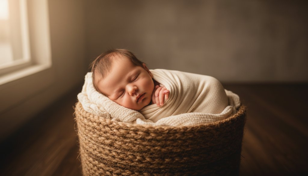 A heartwarming, softly lit photograph capturing a Notting Hill Victoria genuine newborn photography session, showing a baby nestled peacefully in a rustic basket, surrounded by ethereal light, evoking innocence and pure love.