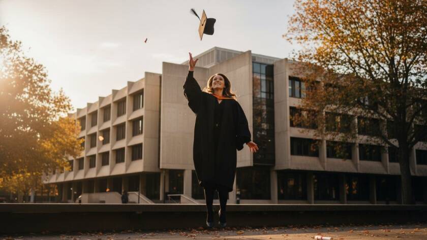 A jubilant graduate in cap and gown, framed by the autumn leaves of Notting Hill, Victoria, celebrating their achievement, capturing timeless Notting Hill Victoria graduation photoshoot memories with dramatic golden hour lighting.