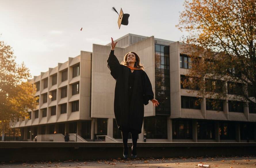 A jubilant graduate in cap and gown, framed by the autumn leaves of Notting Hill, Victoria, celebrating their achievement, capturing timeless Notting Hill Victoria graduation photoshoot memories with dramatic golden hour lighting.