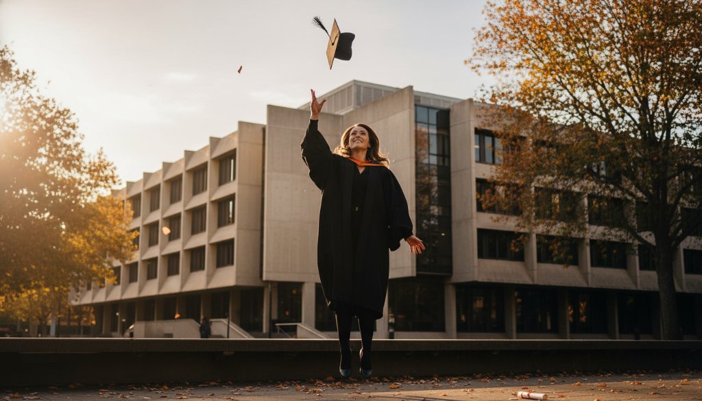 A jubilant graduate in cap and gown, framed by the autumn leaves of Notting Hill, Victoria, celebrating their achievement, capturing timeless Notting Hill Victoria graduation photoshoot memories with dramatic golden hour lighting.