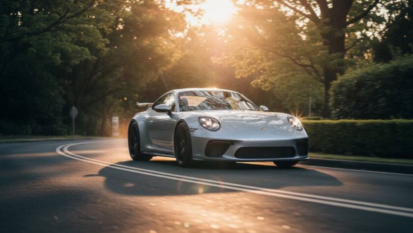 A dynamic, low-angle shot of a sleek, red high-performance vehicle speeding along a tree-lined road in Notting Hill, Victoria, just after sunset, headlights cutting through the twilight, embodying the thrill of Notting Hill Victoria high-performance vehicle photography.