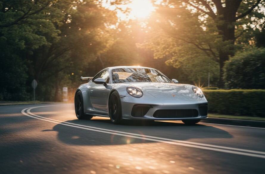 A dynamic, low-angle shot of a sleek, red high-performance vehicle speeding along a tree-lined road in Notting Hill, Victoria, just after sunset, headlights cutting through the twilight, embodying the thrill of Notting Hill Victoria high-performance vehicle photography.