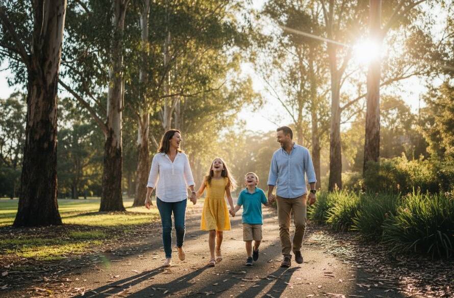 An epic moment from a Notting Hill Victoria natural light family photoshoot, depicting a family laughing joyfully as golden hour light bathes them in a lush Notting Hill park, capturing genuine connection.