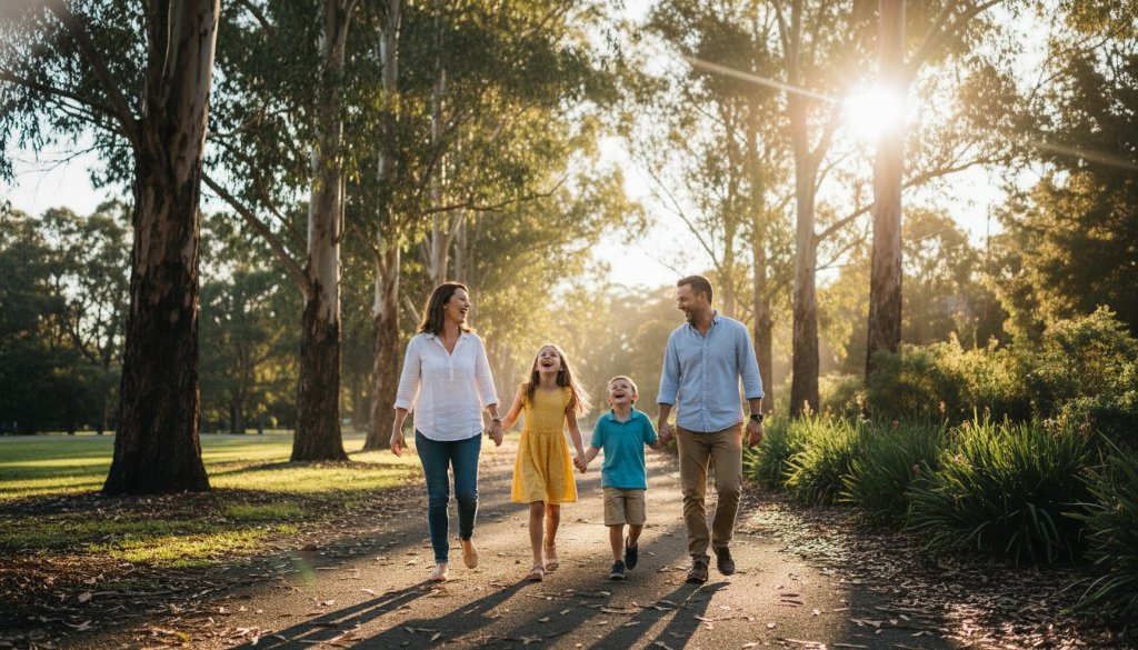 An epic moment from a Notting Hill Victoria natural light family photoshoot, depicting a family laughing joyfully as golden hour light bathes them in a lush Notting Hill park, capturing genuine connection.