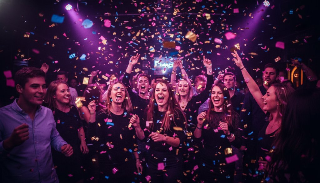 An energetic, wide-angle, low-light shot captured by a Notting Hill Victoria party photographer capturing joy, showing guests dancing ecstatically under vibrant club lights, confetti mid-air, hands raised in celebration, perfect for an 'epic moment' style photograph.