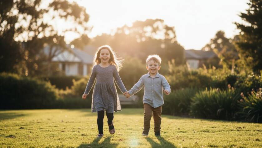 An energetic, wide-angle shot of two children laughing while running through a sun-drenched park in Notting Hill, Victoria, their playful interaction perfectly illustrating Notting Hill Victoria playful kids photography.