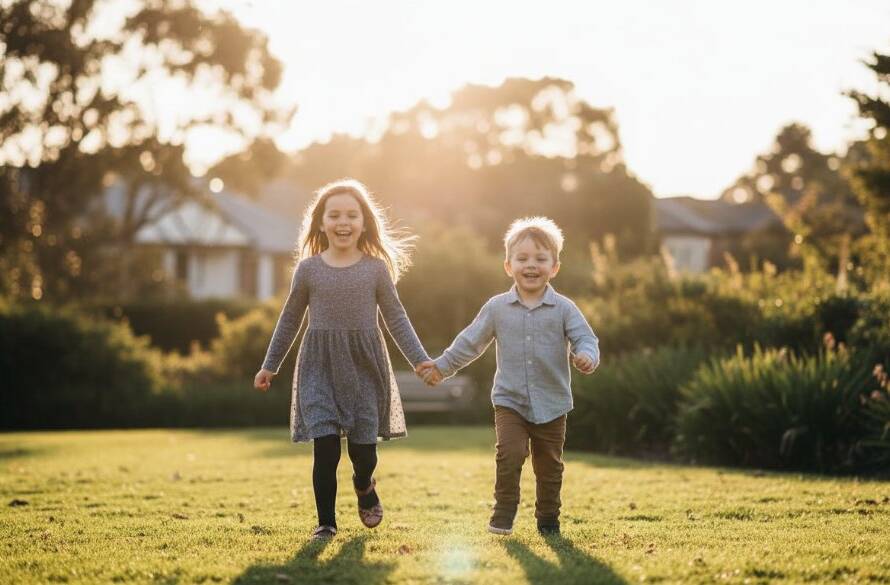 An energetic, wide-angle shot of two children laughing while running through a sun-drenched park in Notting Hill, Victoria, their playful interaction perfectly illustrating Notting Hill Victoria playful kids photography.