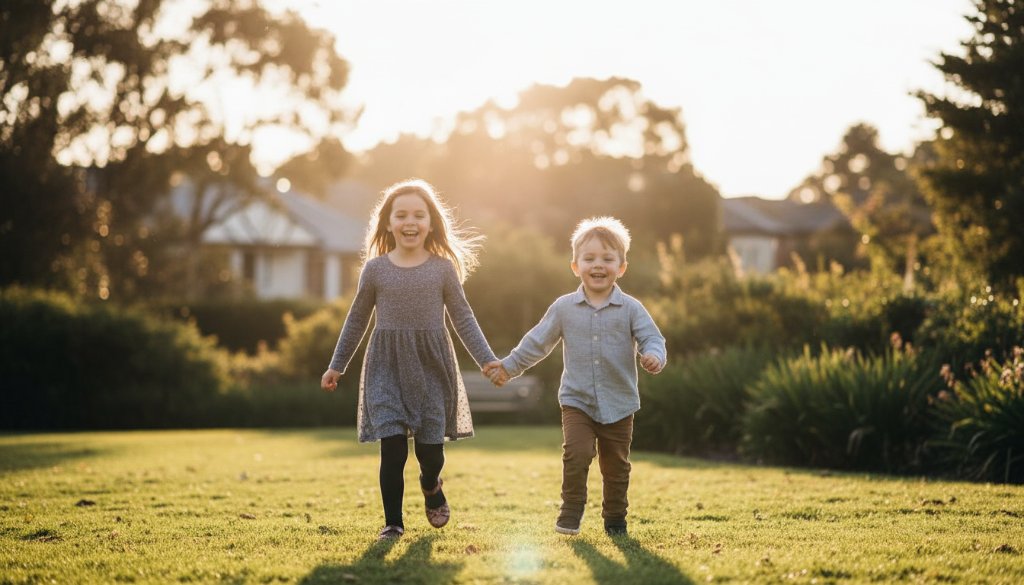 An energetic, wide-angle shot of two children laughing while running through a sun-drenched park in Notting Hill, Victoria, their playful interaction perfectly illustrating Notting Hill Victoria playful kids photography.