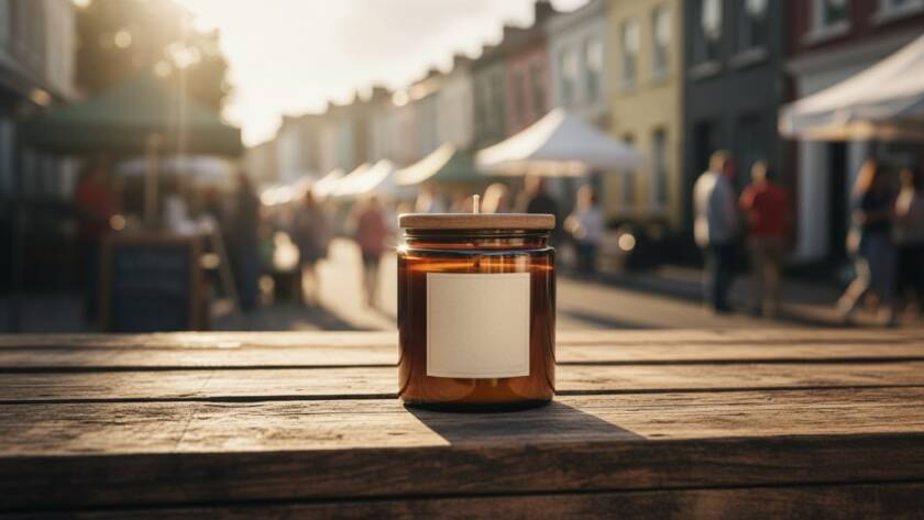 Visually striking photo for Notting Hill Victoria product advertising photography solutions: a glowing artisan product on a rustic market stall, with Notting Hill's bustling street life blurred and bathed in golden hour light.