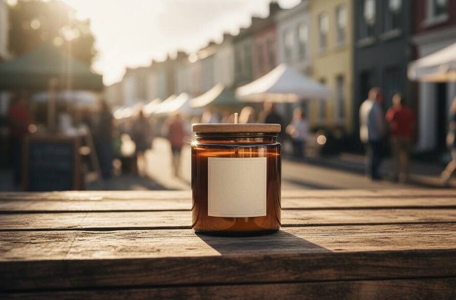 Visually striking photo for Notting Hill Victoria product advertising photography solutions: a glowing artisan product on a rustic market stall, with Notting Hill's bustling street life blurred and bathed in golden hour light.