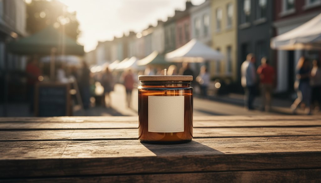 Visually striking photo for Notting Hill Victoria product advertising photography solutions: a glowing artisan product on a rustic market stall, with Notting Hill's bustling street life blurred and bathed in golden hour light.
