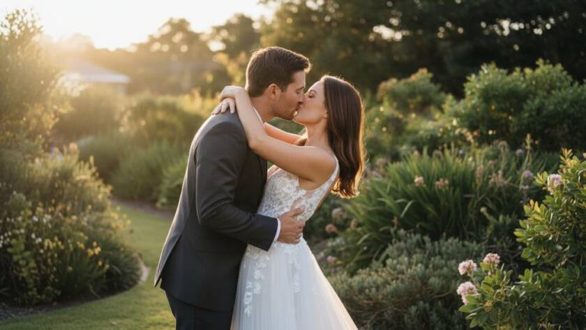 A dramatic and emotionally charged photograph showcasing Notting Hill Victoria wedding photography capturing authentic joy, featuring a newlywed couple sharing a tender, unscripted embrace bathed in golden hour light at a beautiful local garden venue, with lush Australian flora in the background, captured with professional color grading.