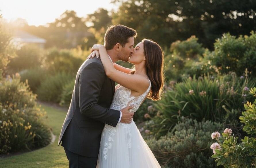 A dramatic and emotionally charged photograph showcasing Notting Hill Victoria wedding photography capturing authentic joy, featuring a newlywed couple sharing a tender, unscripted embrace bathed in golden hour light at a beautiful local garden venue, with lush Australian flora in the background, captured with professional color grading.