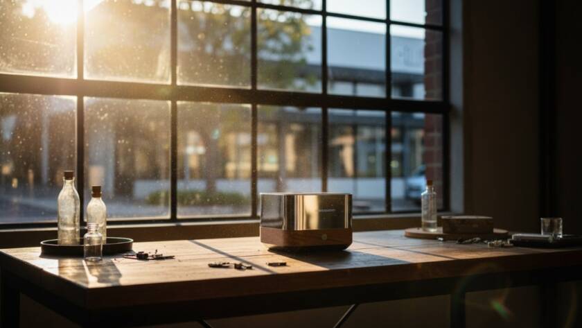 Dynamic wide-angle shot capturing Nunawading advertising photography for compelling brand stories, showing a perfectly lit, vibrant product surrounded by elements subtly hinting at Nunawading's local commerce, with dramatic studio lighting and professional colour grading, emphasizing a moment of brand triumph.