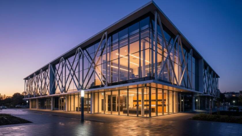 Dramatic wide-angle shot by Nunawading architecture photography experts Melbourne, capturing the modern facade of a sleek commercial building in Nunawading at twilight, with warm interior lights glowing against a deep blue sky, showcasing intricate design details and a sense of inviting grandeur.