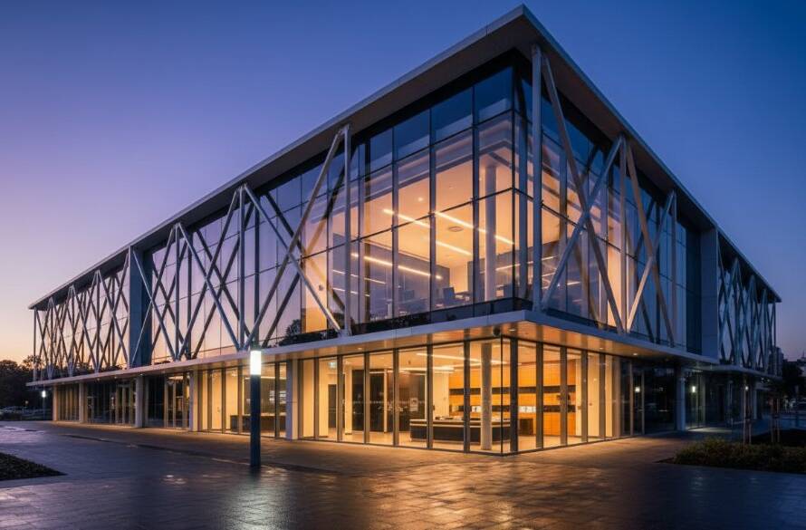 Dramatic wide-angle shot by Nunawading architecture photography experts Melbourne, capturing the modern facade of a sleek commercial building in Nunawading at twilight, with warm interior lights glowing against a deep blue sky, showcasing intricate design details and a sense of inviting grandeur.