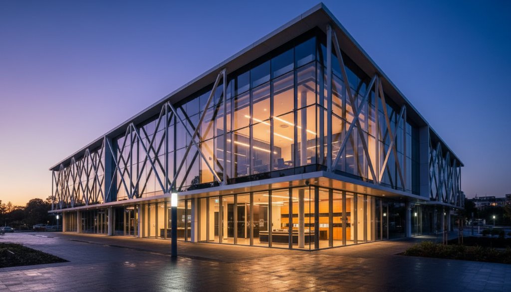 Dramatic wide-angle shot by Nunawading architecture photography experts Melbourne, capturing the modern facade of a sleek commercial building in Nunawading at twilight, with warm interior lights glowing against a deep blue sky, showcasing intricate design details and a sense of inviting grandeur.