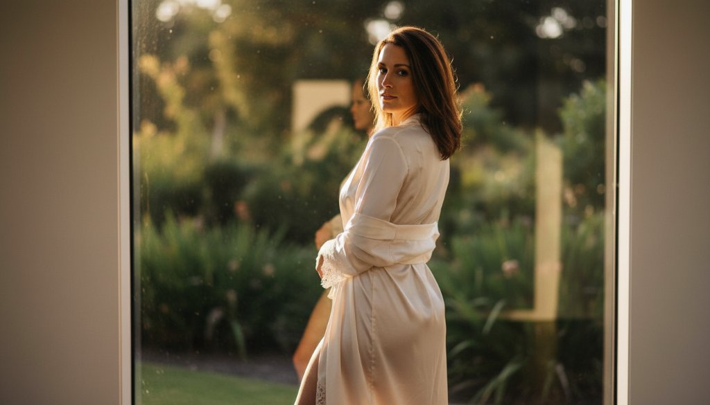 A dramatic and artistic boudoir portrait captured in a sun-drenched studio in Nunawading, Victoria, Australia, showcasing the subject's confident self-expression through Nunawading Boudoir Photography for Confident Self-Expression, with soft natural light highlighting intricate lace details and a powerful, sensual pose. The image has a warm, cinematic colour grade.