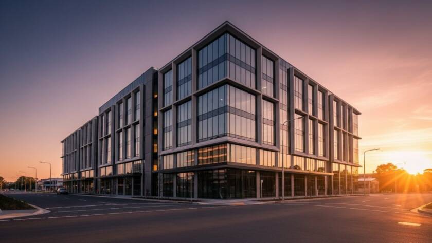 Dramatic wide-angle photograph showcasing the modern, glass-fronted facade of a newly developed commercial building in Nunawading, Victoria, bathed in the golden light of a setting sun. The Nunawading Commercial Architecture Photography captures sleek lines and reflections, emphasizing the structure's grandeur.