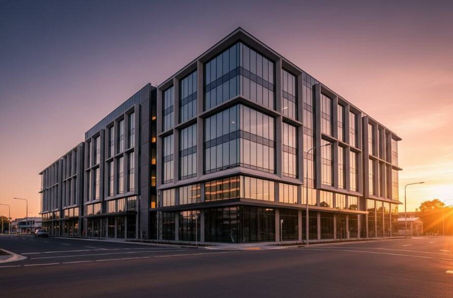 Dramatic wide-angle photograph showcasing the modern, glass-fronted facade of a newly developed commercial building in Nunawading, Victoria, bathed in the golden light of a setting sun. The Nunawading Commercial Architecture Photography captures sleek lines and reflections, emphasizing the structure's grandeur.