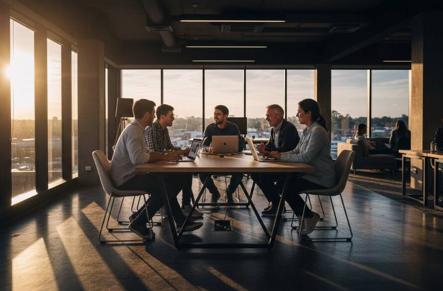 An epic, high-angle shot capturing a busy, modern cafe interior in Nunawading, Victoria, filled with diverse customers and staff, perfectly illustrating Nunawading commercial photography for vibrant local business branding through dynamic, professional imagery.