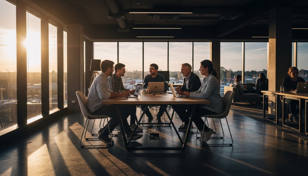 An epic, high-angle shot capturing a busy, modern cafe interior in Nunawading, Victoria, filled with diverse customers and staff, perfectly illustrating Nunawading commercial photography for vibrant local business branding through dynamic, professional imagery.