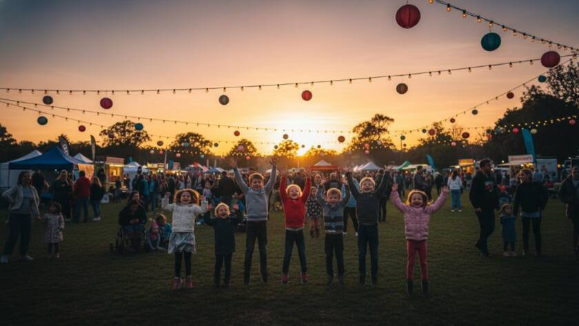 An epic moment captured by a Nunawading community event photographer for lasting memories: a wide-angle shot of a joyous community festival in Nunawading's central park, children laughing and playing under festive banners, bathed in golden hour sunlight, with vibrant colours and a sense of bustling energy, professionally color-graded to evoke warmth and nostalgia.