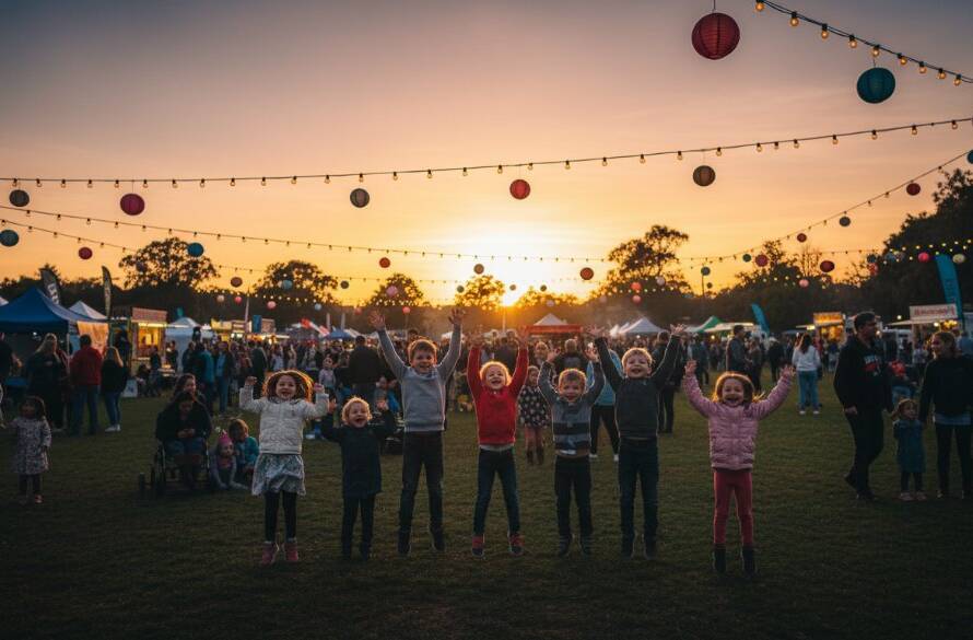 An epic moment captured by a Nunawading community event photographer for lasting memories: a wide-angle shot of a joyous community festival in Nunawading's central park, children laughing and playing under festive banners, bathed in golden hour sunlight, with vibrant colours and a sense of bustling energy, professionally color-graded to evoke warmth and nostalgia.
