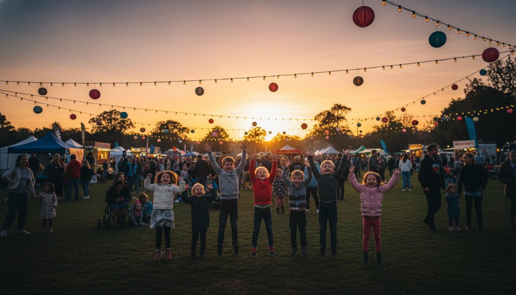 An epic moment captured by a Nunawading community event photographer for lasting memories: a wide-angle shot of a joyous community festival in Nunawading's central park, children laughing and playing under festive banners, bathed in golden hour sunlight, with vibrant colours and a sense of bustling energy, professionally color-graded to evoke warmth and nostalgia.