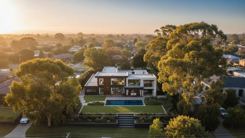An epic aerial photograph showcasing the sprawling greenspace and modern homes of Nunawading, Victoria, captured by Nunawading drone photography for breathtaking property views, with dramatic morning light illuminating the scene.