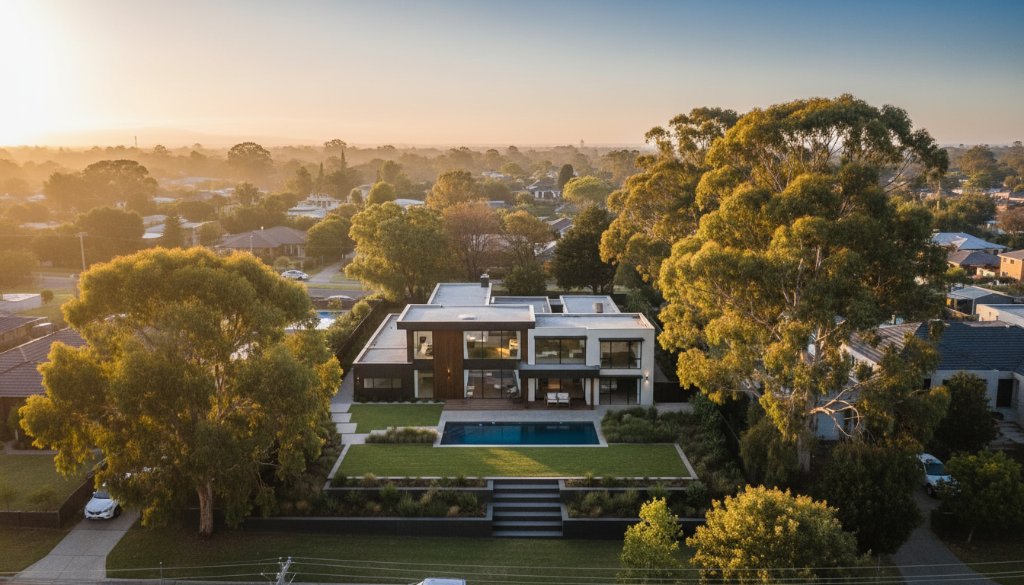 An epic aerial photograph showcasing the sprawling greenspace and modern homes of Nunawading, Victoria, captured by Nunawading drone photography for breathtaking property views, with dramatic morning light illuminating the scene.