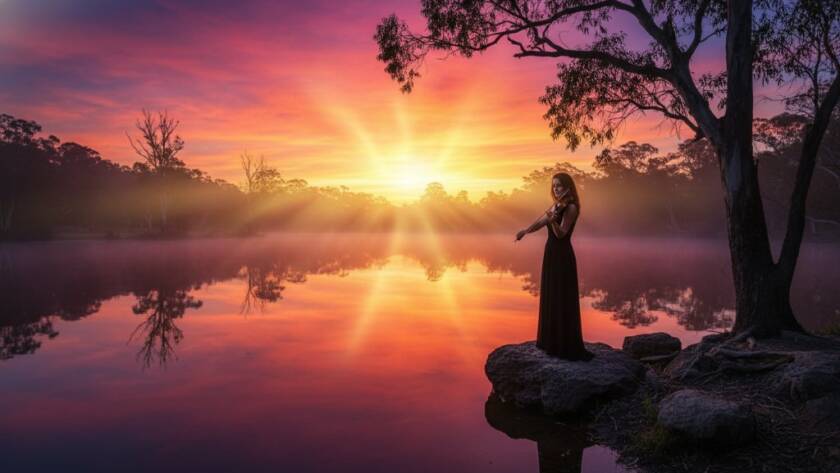 A breathtaking 'epic moment' photograph showcasing Nunawading fine art photography capturing local essence, featuring a couple embracing under a dramatic twilight sky near a heritage building in Nunawading, with soft, golden light highlighting their silhouettes and creating a painterly, artistic effect.
