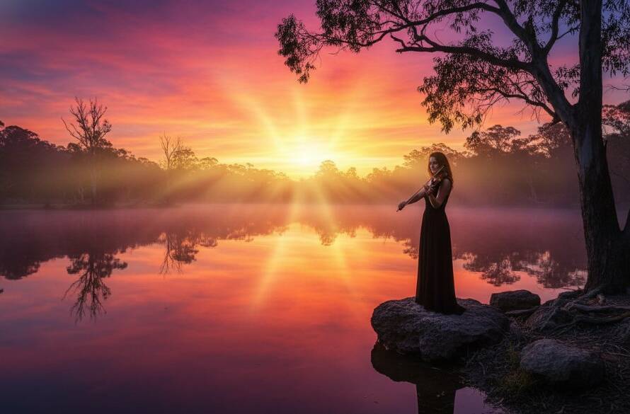 A breathtaking 'epic moment' photograph showcasing Nunawading fine art photography capturing local essence, featuring a couple embracing under a dramatic twilight sky near a heritage building in Nunawading, with soft, golden light highlighting their silhouettes and creating a painterly, artistic effect.