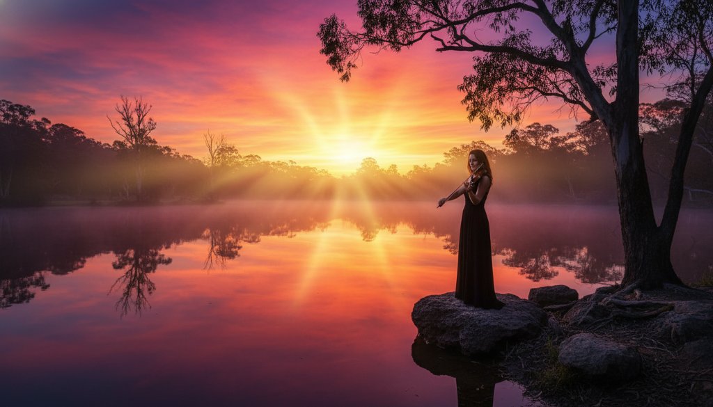 A breathtaking 'epic moment' photograph showcasing Nunawading fine art photography capturing local essence, featuring a couple embracing under a dramatic twilight sky near a heritage building in Nunawading, with soft, golden light highlighting their silhouettes and creating a painterly, artistic effect.