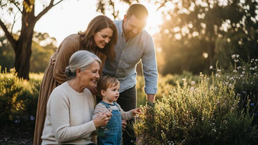 A multigenerational Nunawading family, bathed in the soft, golden light of a setting sun in a local park, sharing a heartfelt laugh during a fine art portrait photography experience, conveying warmth and deep connection.