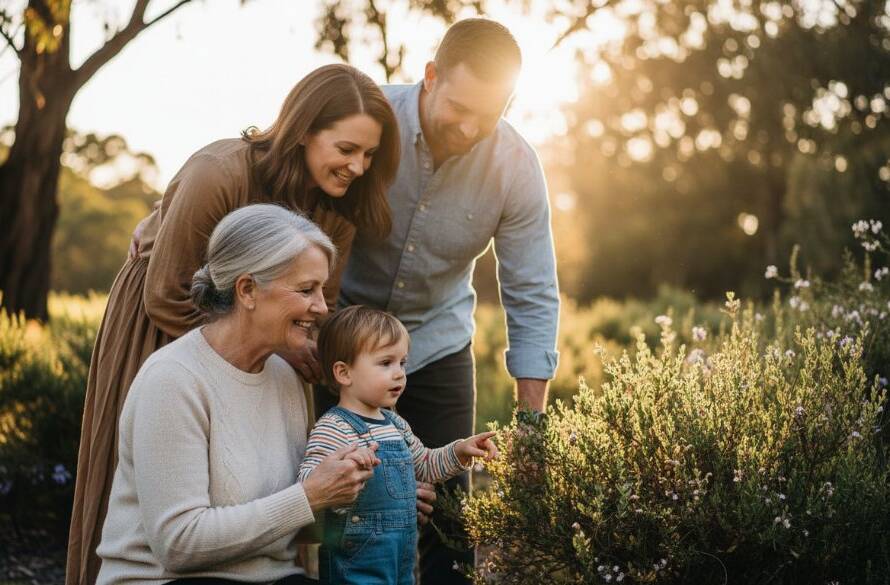A multigenerational Nunawading family, bathed in the soft, golden light of a setting sun in a local park, sharing a heartfelt laugh during a fine art portrait photography experience, conveying warmth and deep connection.