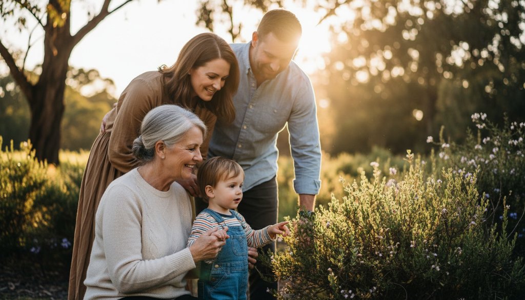 A multigenerational Nunawading family, bathed in the soft, golden light of a setting sun in a local park, sharing a heartfelt laugh during a fine art portrait photography experience, conveying warmth and deep connection.