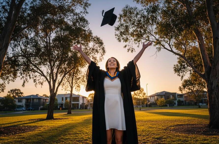 A joyful university graduate in Nunawading, mid-air during a cap toss against a dramatic sunset, with fellow graduates cheering in the soft-focused background, perfectly showcasing Nunawading graduation photography capturing proud moments.