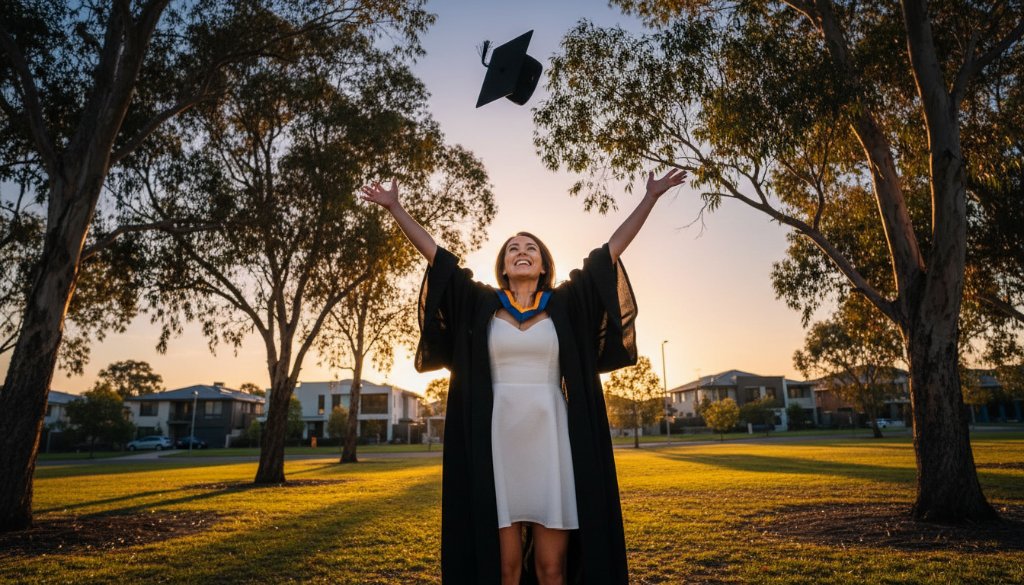 A joyful university graduate in Nunawading, mid-air during a cap toss against a dramatic sunset, with fellow graduates cheering in the soft-focused background, perfectly showcasing Nunawading graduation photography capturing proud moments.