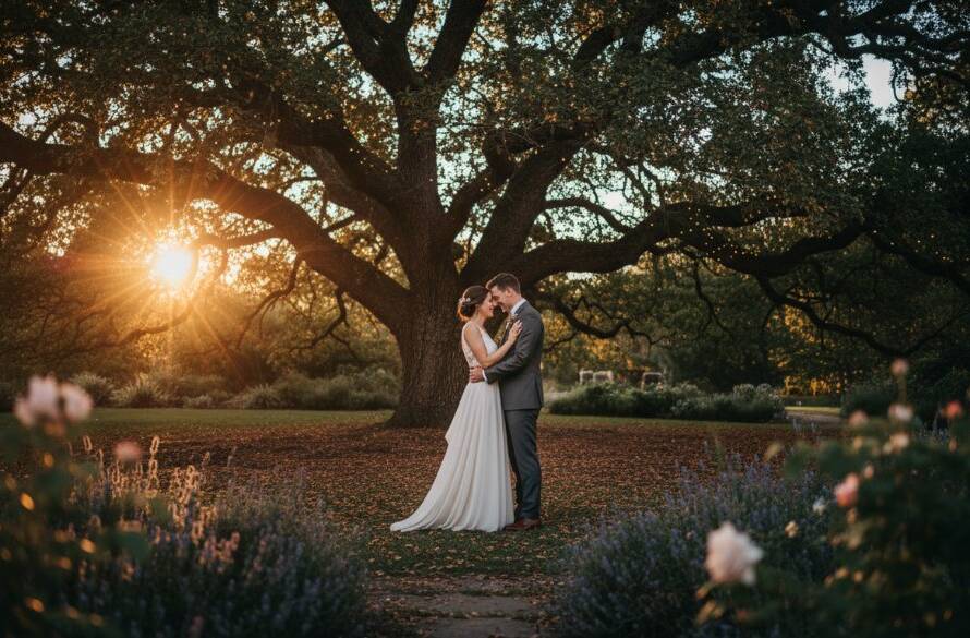 An enchanting wide shot of a newlywed couple sharing a tender, intimate moment under a canopy of fairy lights at a rustic Nunawading wedding venue, beautifully captured by a Nunawading intimate wedding photography specialist with dramatic evening light.