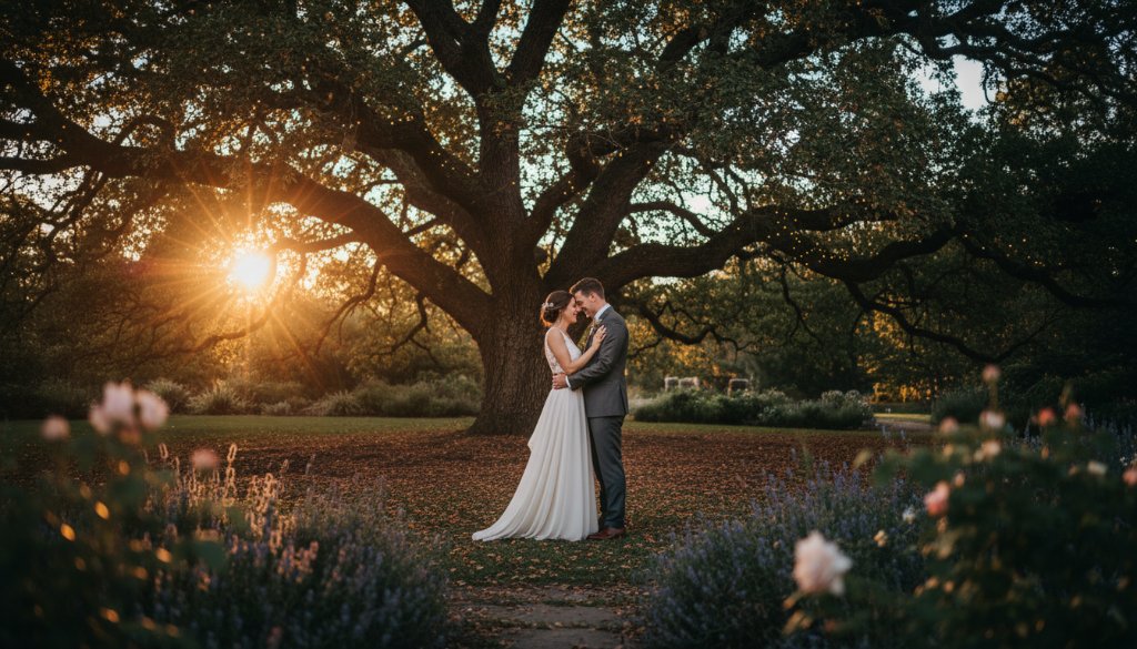 An enchanting wide shot of a newlywed couple sharing a tender, intimate moment under a canopy of fairy lights at a rustic Nunawading wedding venue, beautifully captured by a Nunawading intimate wedding photography specialist with dramatic evening light.