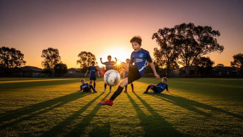 Dramatic action shot of a young soccer player celebrating a goal on a vibrant green field in Nunawading, capturing the exhilaration of Nunawading junior sports photography Melbourne.