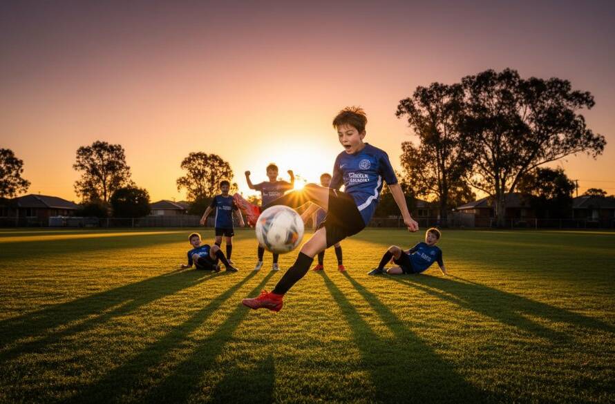 Dramatic action shot of a young soccer player celebrating a goal on a vibrant green field in Nunawading, capturing the exhilaration of Nunawading junior sports photography Melbourne.