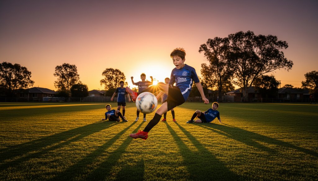 Dramatic action shot of a young soccer player celebrating a goal on a vibrant green field in Nunawading, capturing the exhilaration of Nunawading junior sports photography Melbourne.