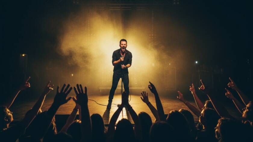 Dynamic photograph capturing a band's lead singer mid-performance with a spotlight beam, highlighting the Nunawading live music photography epic moments at a local venue.